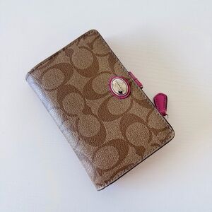 Coach Brown Signature Zip Wallet with Pink Trim Authentic